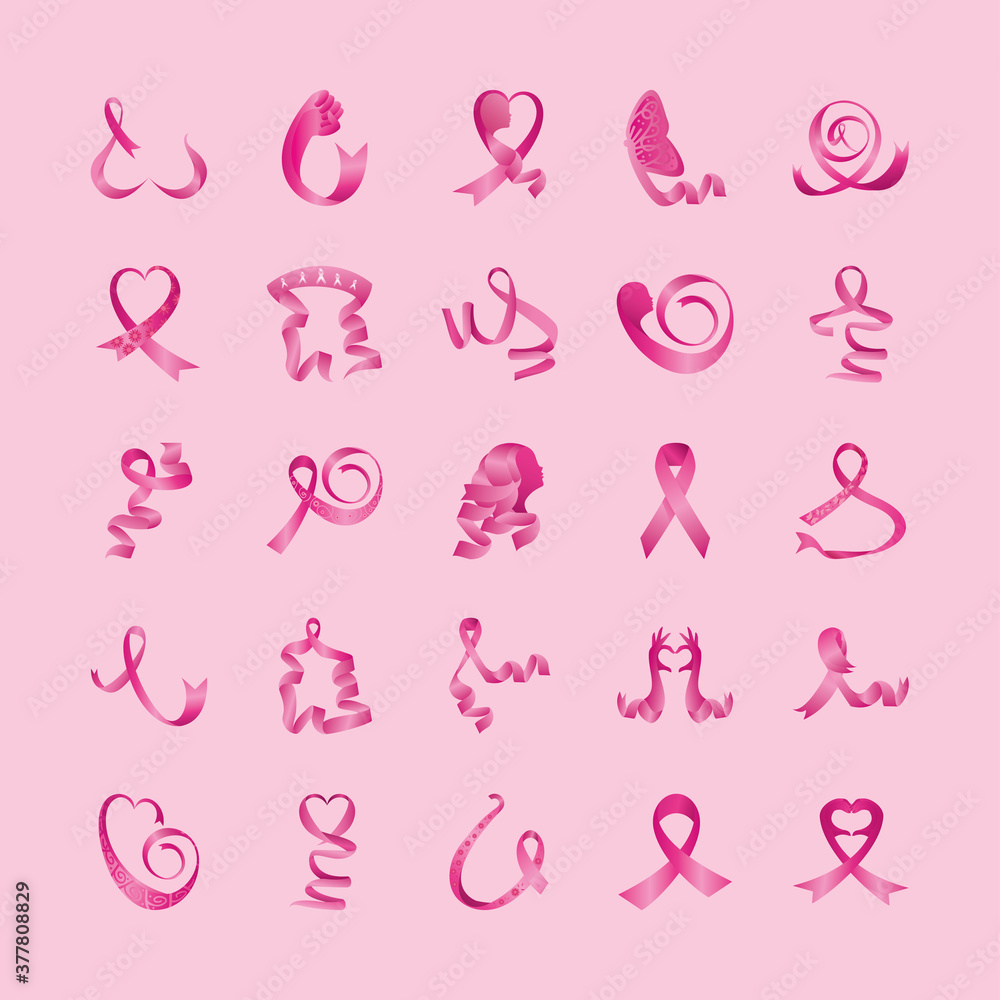set of pink ribbons, breast cancer awareness