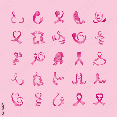 set of pink ribbons, breast cancer awareness