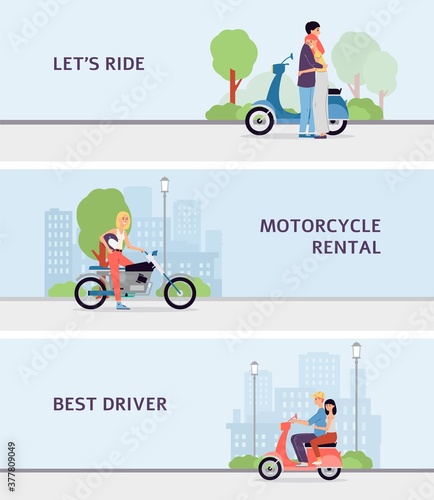 Motorcycle rental service banner set, cartoon people renting a vehicle