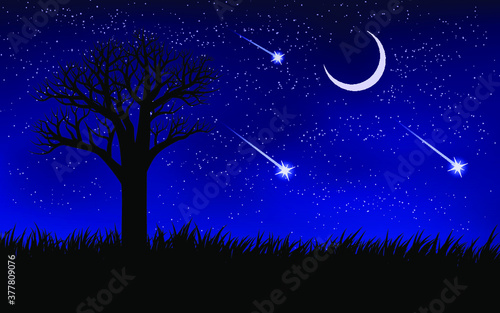 moon and tree, blue night illustration