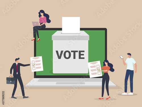 Concept of online voting, elections, voting box with tiny people with decision. Political competition with modern system. Vector illustration with flat design