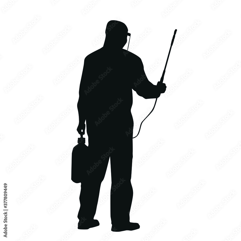 Silhouette Of Man In A Hazmat Suit Spraying A Sanitizer Silhouette Of Man In A Hazmat Suit Spraying A Sanitizer
