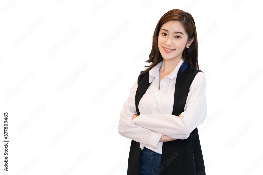 Smart smiling Asian woman in casual black and white shirt . She is standing with arms folded feeling happy to work. Smart working girl concept Smart smiling Asian woman in casual black and white shirt . She is standing with arms folded feeling happy to work. Smart working girl concept