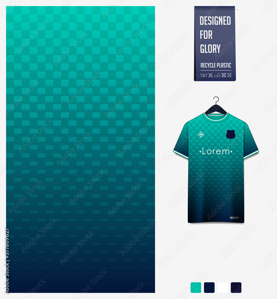 Fabric textile design in Green gradient geometry shape pattern for soccer jersey, football kit, baseball uniform or sports shirt. T-shirt mockup template. Abstract background. Vector.