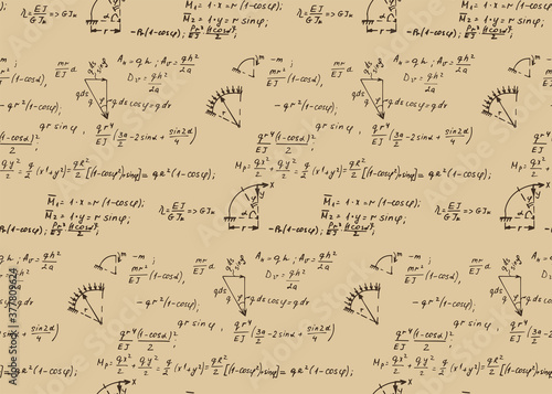 Vector seamless pattern with physics formulas and equations on kraft paper. Old college notation. Educational and scientific vintage background.