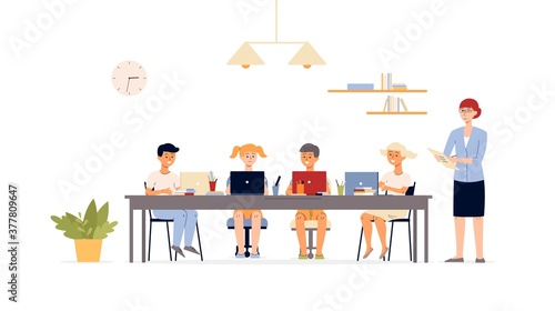 Children computer class in school scene flat vector illustration isolated.
