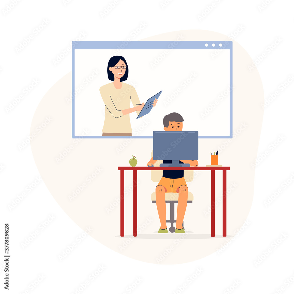 School boy doing homework exercise on online lesson, flat vector illustration.