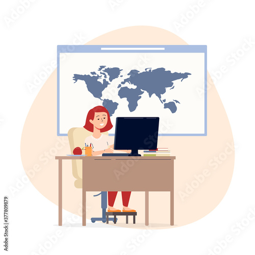 Young girl having computer geography lesson flat vector illustration isolated.