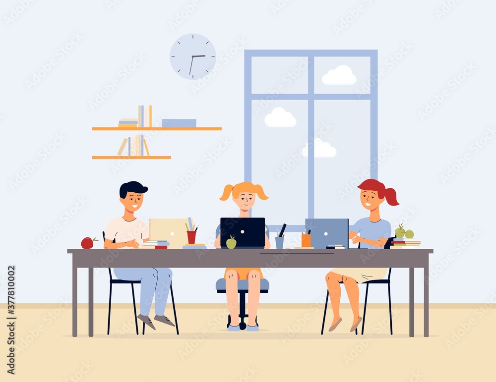 Fototapeta premium Children cartoon characters studying using laptop flat vector illustration.