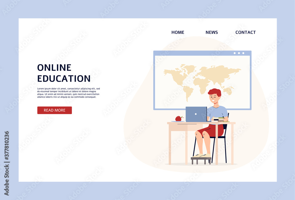 Online education banner with child studying flat vector illustration isolated.