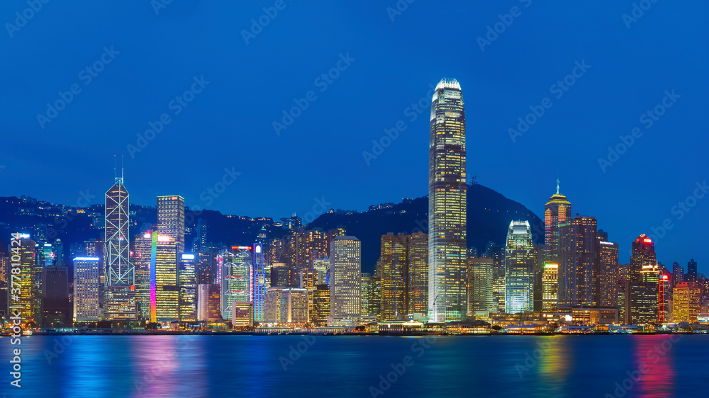 Scenery of Victoria harbor of Hong Kong city at night