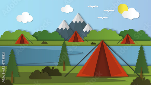 Outdoor Summer camp landscape background with papercut style, good for background, event and wallpaper