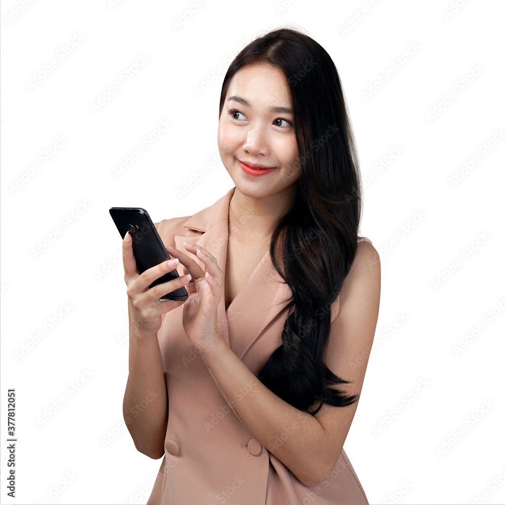 Business woman get idea while using smartphone, white background Business woman get idea while using smartphone, white background