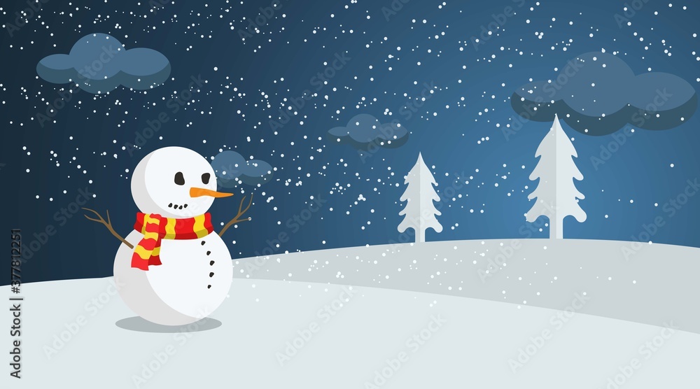 Snowman at Night in Winter with Blue Sky