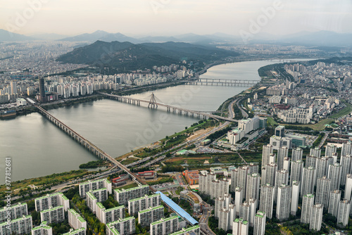 Photography Aerial view of the Han River in Seoul, South Korea