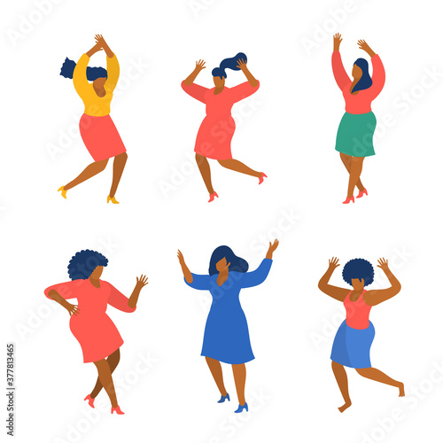 Dancing people funny cartoon style. Men and women in free movement poses. Flat design.