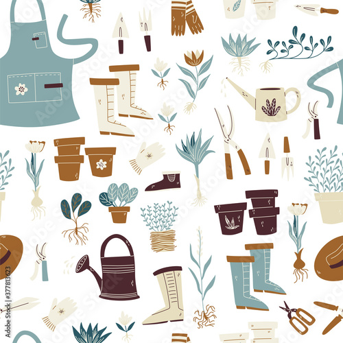 Gardening seamless pattern with flowerpot, gardener, gloves and secateurs and etc.