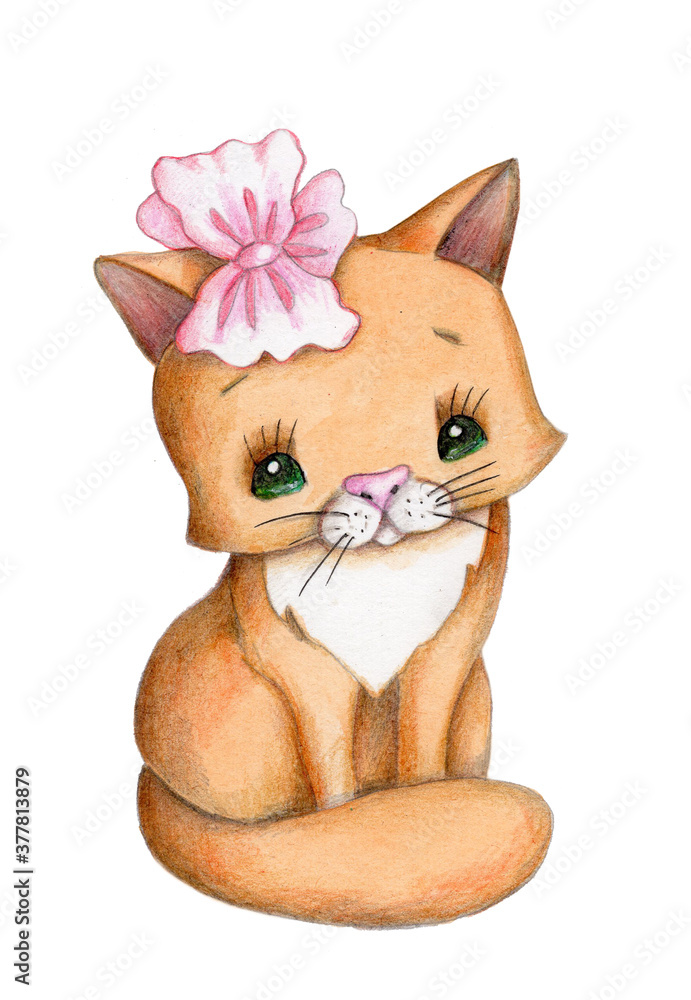 Fototapeta premium Watercolor cute cartoon kitty cat with pink bow. Isolated on white. 