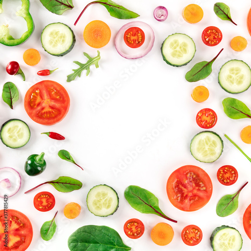 Fresh summer vegetables square design template  a flatlay on a white background  vibrant food frame  overhead shot with a place for text