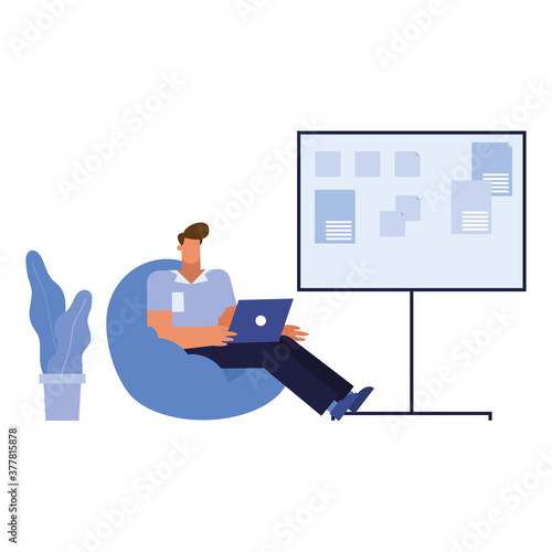 Isolated businessman cartoon with laptop on puf with board vector design