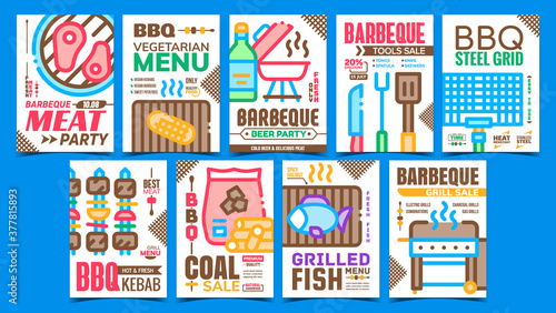 Barbeque Party Advertising Posters Set Vector. Barbeque Meat  Fish And Vegetarian Menu  Bbq Tools And Coal  Grill And Grid Creative Promotional Banners. Concept Template Style Color Illustrations