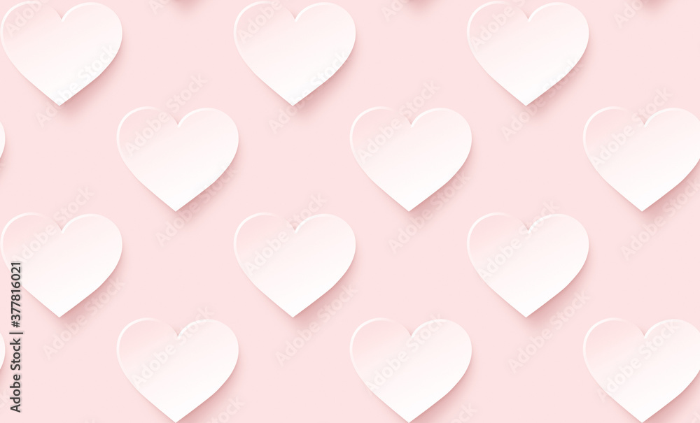 Many white hearts with pink hue on pink background. Symbol of love and Valentine's Day. Modern and trendy conceptual abstract background, seamless pattern.