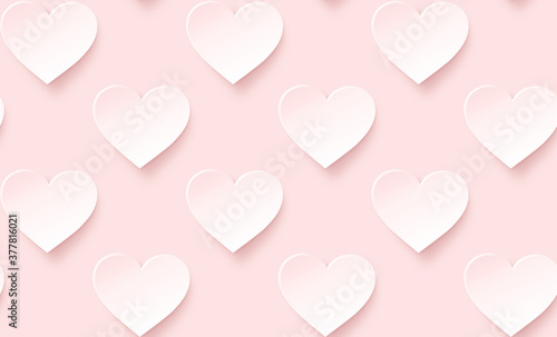 Many white hearts with pink hue on pink background. Symbol of love and Valentine's Day. Modern and trendy conceptual abstract background, seamless pattern.
