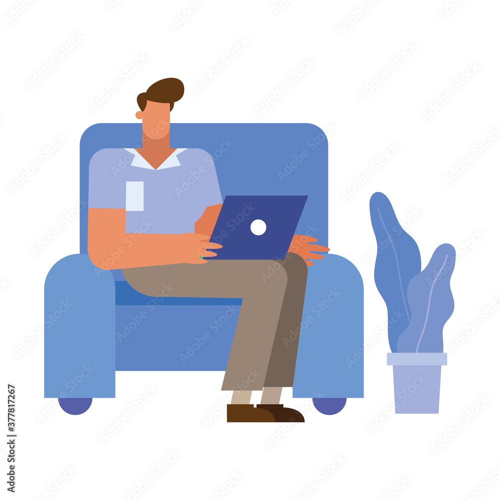 Isolated businessman cartoon with laptop on chair vector design