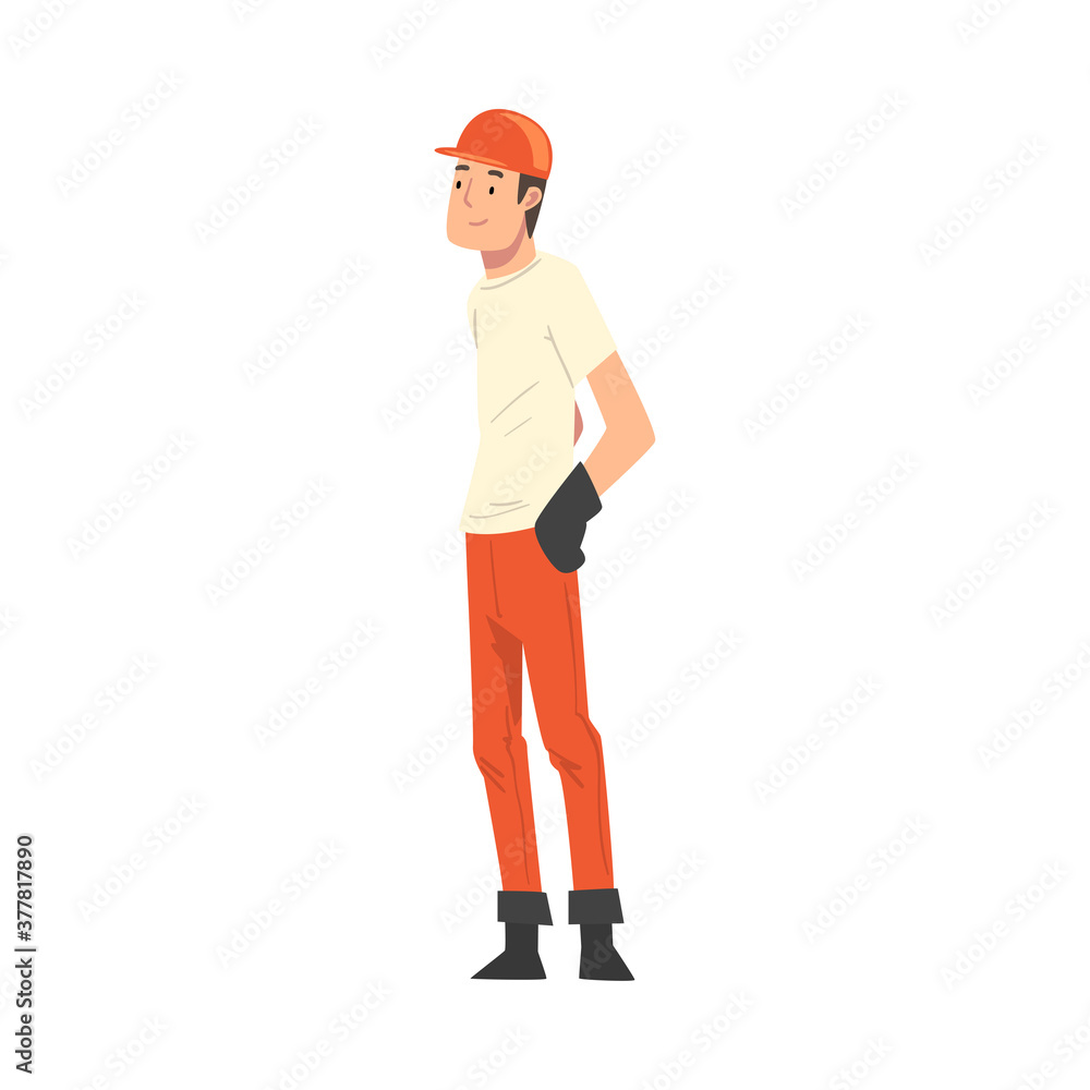 Construction Worker Character Wearing Workwear and Protective Helmet Cartoon Vector Illustration on White Background