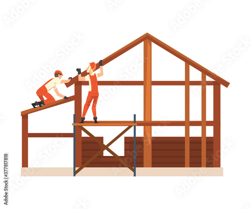 Construction Workers Characters Wearing Workwear and Protective Helmets Building Wooden House with Professional Tools Cartoon Vector Illustration