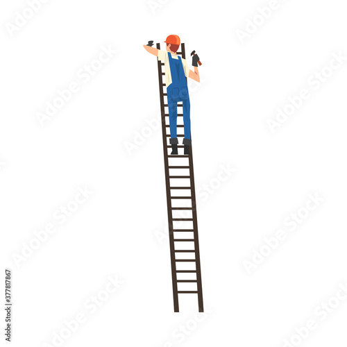 Construction Worker Standing on Ladder, Male Builder Character Wearing Uniform and Protective Helmet Building House Cartoon Vector Illustration