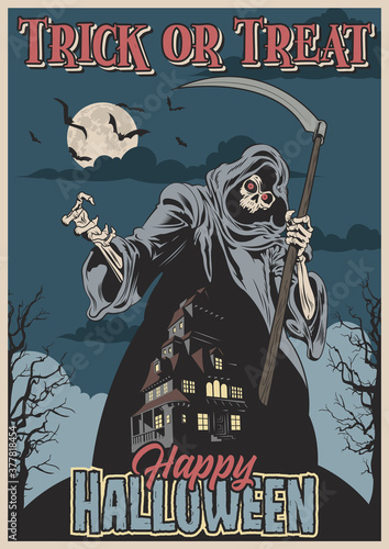 Halloween Illustration, Grim Reaper and Haunted Mansion, Night Scene Retro Style 