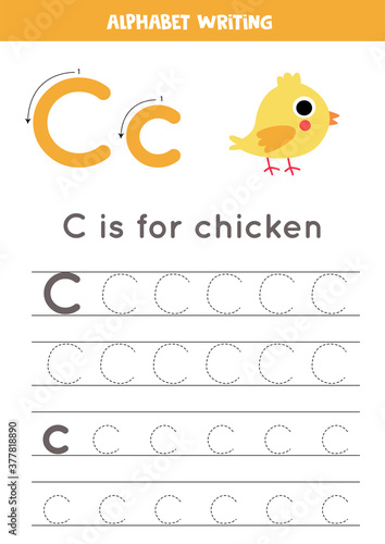 Handwriting practice with alphabet letter. Tracing C.