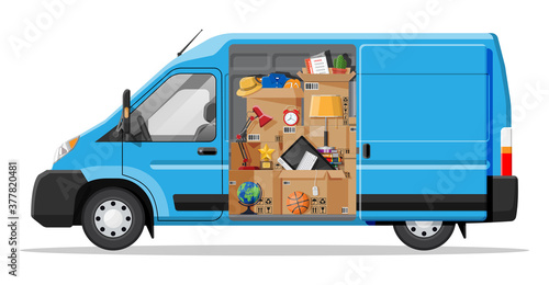 Delivery van with open door and home stuff inside. Moving to new house. Family relocated to new home. Boxes with goods. Package transportation. Computer, lamp, clothes, books. Flat vector illustration