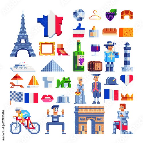 French tradition elements. Icons set. 80s style. Pixel art. Theme of France. National flag and Eifel tower. Food, fashion symbols. Wine and croissant. Stickers design. Isolated vector illustration.