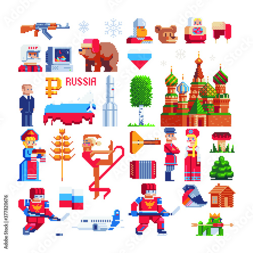 Symbols country Russia. Pixel art icons. 80s style.Stickers design. Russian jornely travel landmark. National elements. Hockey and gymnastics sports characters. Isolated vector illustration.