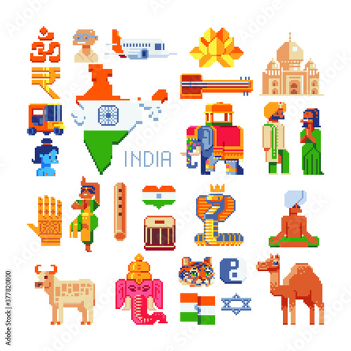 Travel India. Pixel art 80s style icons. Indian jornely landmark. Symbols country. Stickers design. Design elements for the invitation, greeting card, banner. Isolated vector illustration.
