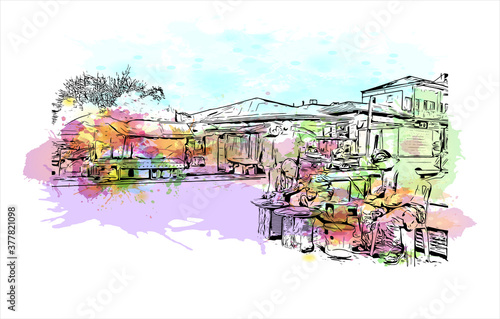 Building view with landmark of Bandar-e Anzali is a city of Gilan Province, Iran. At the 2011 census, its population was 144,664. Watercolor splash with hand drawn sketch illustration in vector.