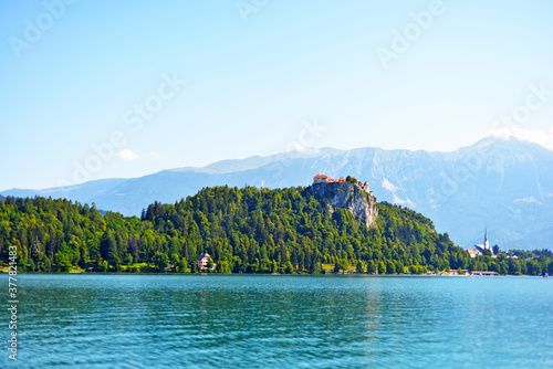 Landscape with lake and mountains in Bled