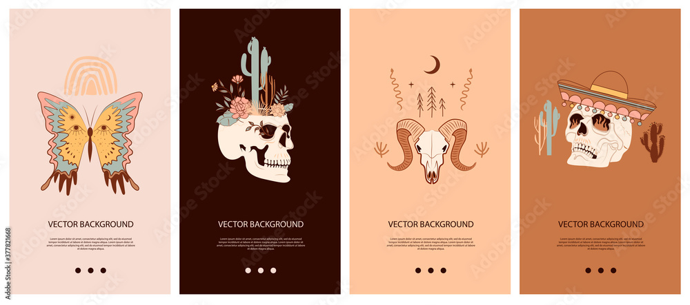 Set of vertical background with Mystical and Mexico elements. Template for social media and mobile app. Skull, cactus, floral and mystic elements. Editable vector illustration. Set of vertical background with Mystical and Mexico elements. Template for social media and mobile app. Skull, cactus, floral and mystic elements. Editable vector illustration.