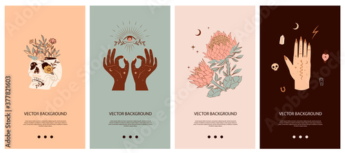Set of vertical background with Mystical and Mexico elements. Template for social media and mobile app. Skull, cactus, floral and mystic elements. Editable vector illustration.