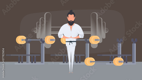 A man in a white kimono meditates. Kung Fu Master. A guy practicing yoga. Vector.
