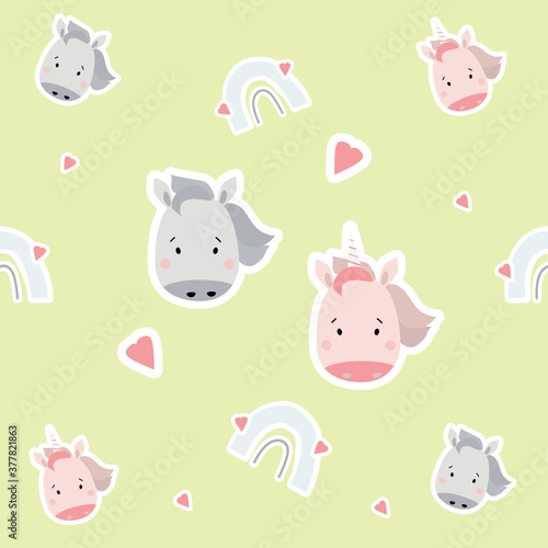 Seamless patterns. Scandinavian style kids collection. Cute stickers unicorn girl and horse boy and rainbow with hearts on a light background. For design  textile  packaging  wallpaper. Vector