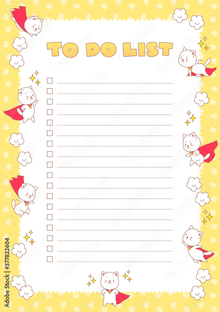 To do list. Planner decorated with cute illustrations of funny super hero kittens. Vector 10 ESP. To do list. Planner decorated with cute illustrations of funny super hero kittens. Vector 10 ESP.