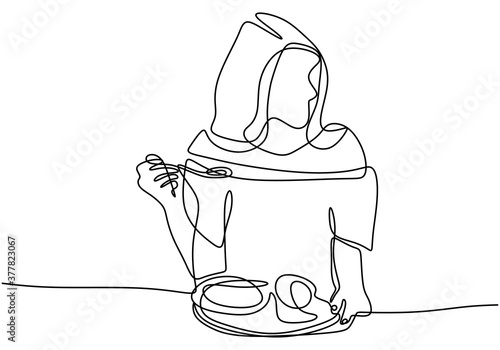 One continuous line drawn woman dining in restaurant. Young beautiful girl in a dress is eating dessert isolated on white background. Minimalist stylish art. Eating meal food concept