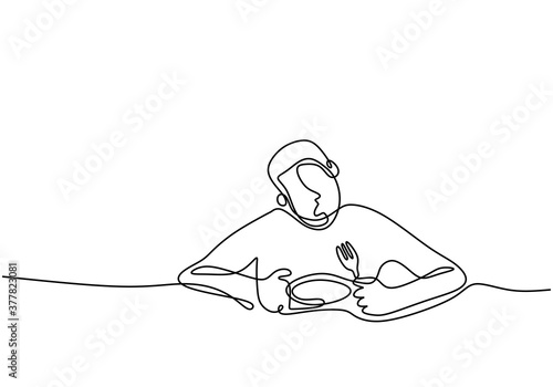 Continuous single line drawing of a boy eating. Teenager man sitting and eating noodle on the table. Eat with appetite. Each gourmet with an open mouth holds a fork with food. Vector illustration