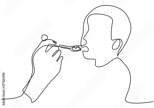 Continuous line drawing of boy is eating. Happy little boy sit at the stroller and eat while eat fed by his mother. Baby, childhood, eating, breakfast, nutrition concept, Minimalist style art