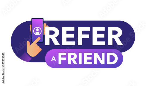 Refer a friend button - referral program social marketing element -phone in hands touching to screen with human avatar - isolated vector web banner