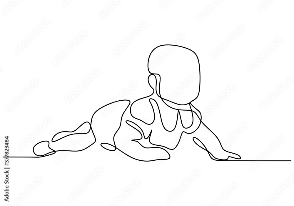One continuous drawn line of a little baby. A cute baby is lying on the ...