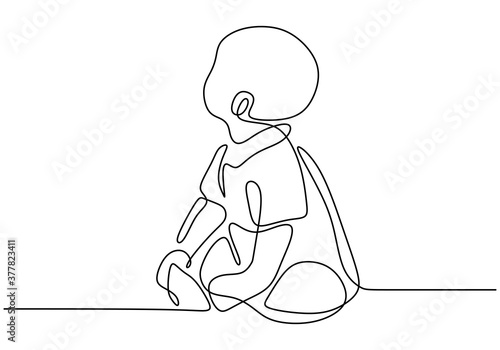 Continuous single drawn of cute baby is sitting on the floor. The baby is sitting while looking up one line sketch on white background. Character a little kid in the minimalist style